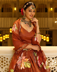 Hand-Painted Floral Satin Lehenga Set