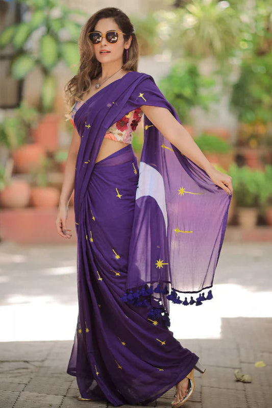 Purple Hand Embroidery Cotton Saree Mul Mul Saree