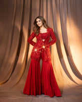 Red Georgette Mirror Embroidered Jacket Set