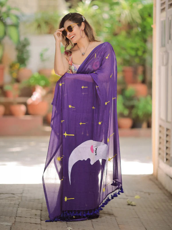 Purple Hand Embroidery Cotton Saree Mul Mul Saree
