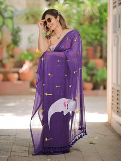 Purple Hand Embroidery Cotton Saree Mul Mul Saree