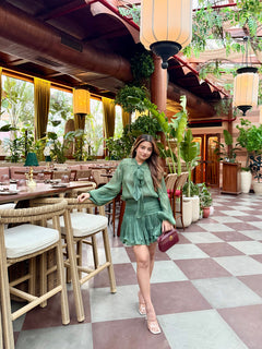 Champagne Glow Satin Tie-Neck Ruffle Mini Dress for Women