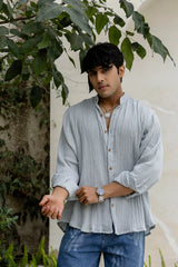 Grey Cotton Linen Blend Solid Shirt