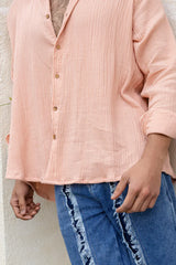 Peach Cotton Linen Blend Solid Shirt