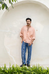 Peach Cotton Linen Blend Solid Shirt