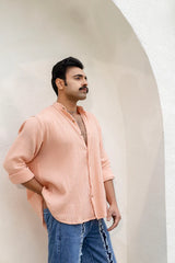 Peach Cotton Linen Blend Solid Shirt