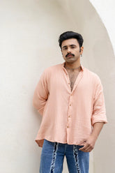 Peach Cotton Linen Blend Solid Shirt