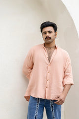 Peach Cotton Linen Blend Solid Shirt