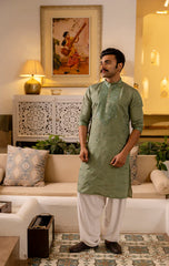 Green Mirror Embroidered Festive Kurta