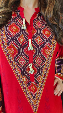 Red Ethnic V-Neck Co-ord Set with Paisley Border Detailing