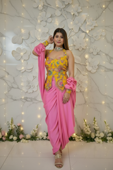 Rangrez Radiance Mustard Embroidered Indo-Western Draped Skirt Set with Pink Drape