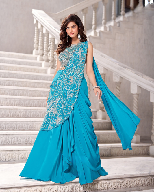 Aqua Blue Contemporary Saree Gown