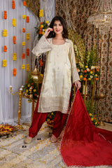 Beige And Red Tissue Kurta Set- By Reet Lifestyle