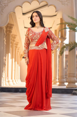 Orange Beads Work Viscose Pre-Draped Saree with Blouse
