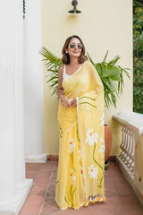 Yellow Hand Painted Mulmul Cotton Saree- By Reet Lifestyle