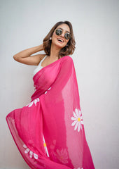 Hot Pink Handpainted Mulmul Cotton Saree- By Reet Lifestyle