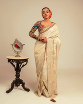 Ivory White Viscose Tissu desginer Saree with Blouse