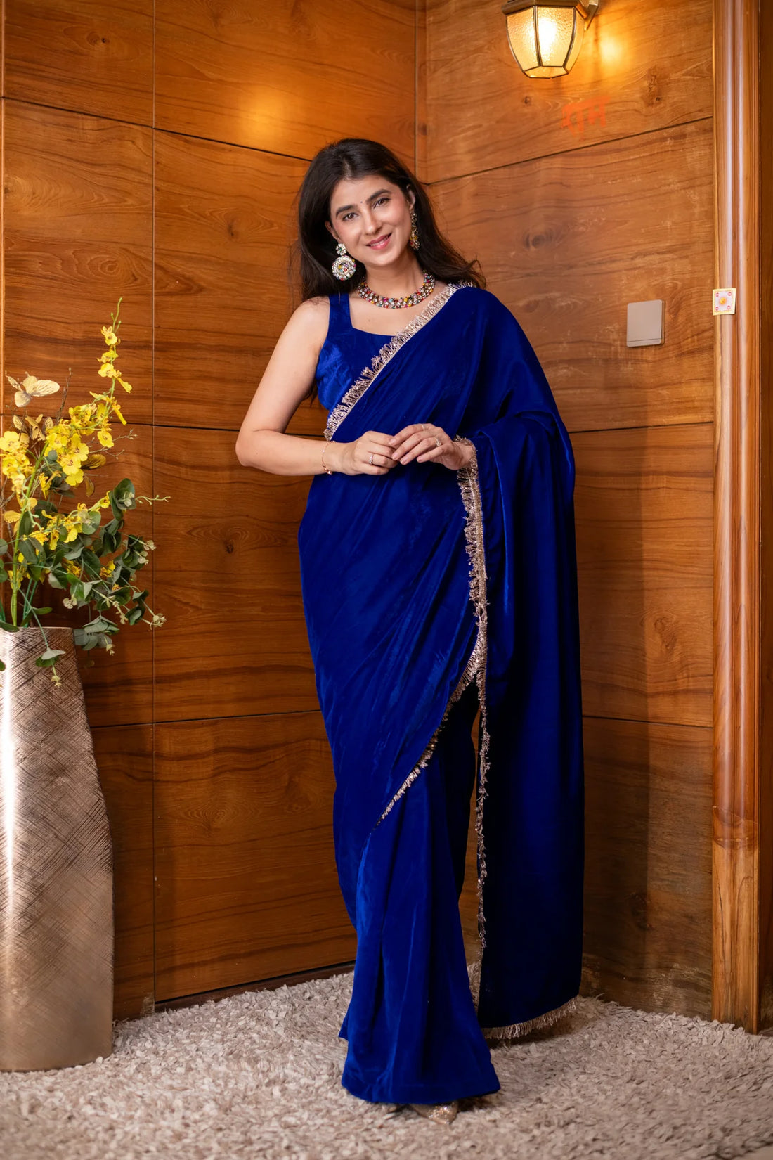 Velvet Electric Blue Ready-to-Wear Saree with blouse- By Reet Lifestyle