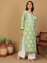 Rayon Long Chikankari Straight Kurti
