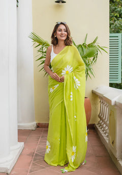 Green Hand Painted Mulmul Cotton Saree- By Reet Lifestyle