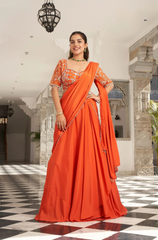 Orange Silk Crepe Pre-Draped Sequin Saree