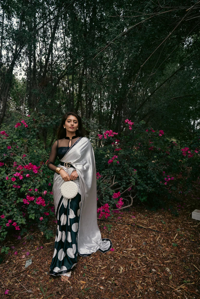 Ivory Noir Polka Statement Satin Saree with Blouse