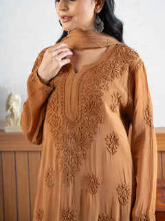 Mocha Blossom Viscose Georgette Straight Chikankari Kurta Set