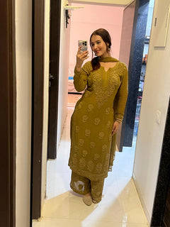 Mocha Blossom Viscose Georgette Straight Chikankari Kurta Set