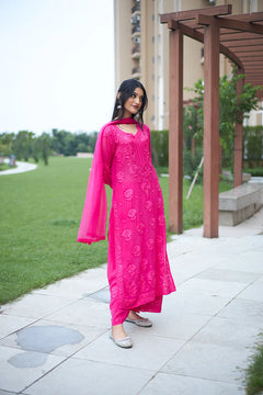 Mocha Blossom Viscose Georgette Straight Chikankari Kurta Set