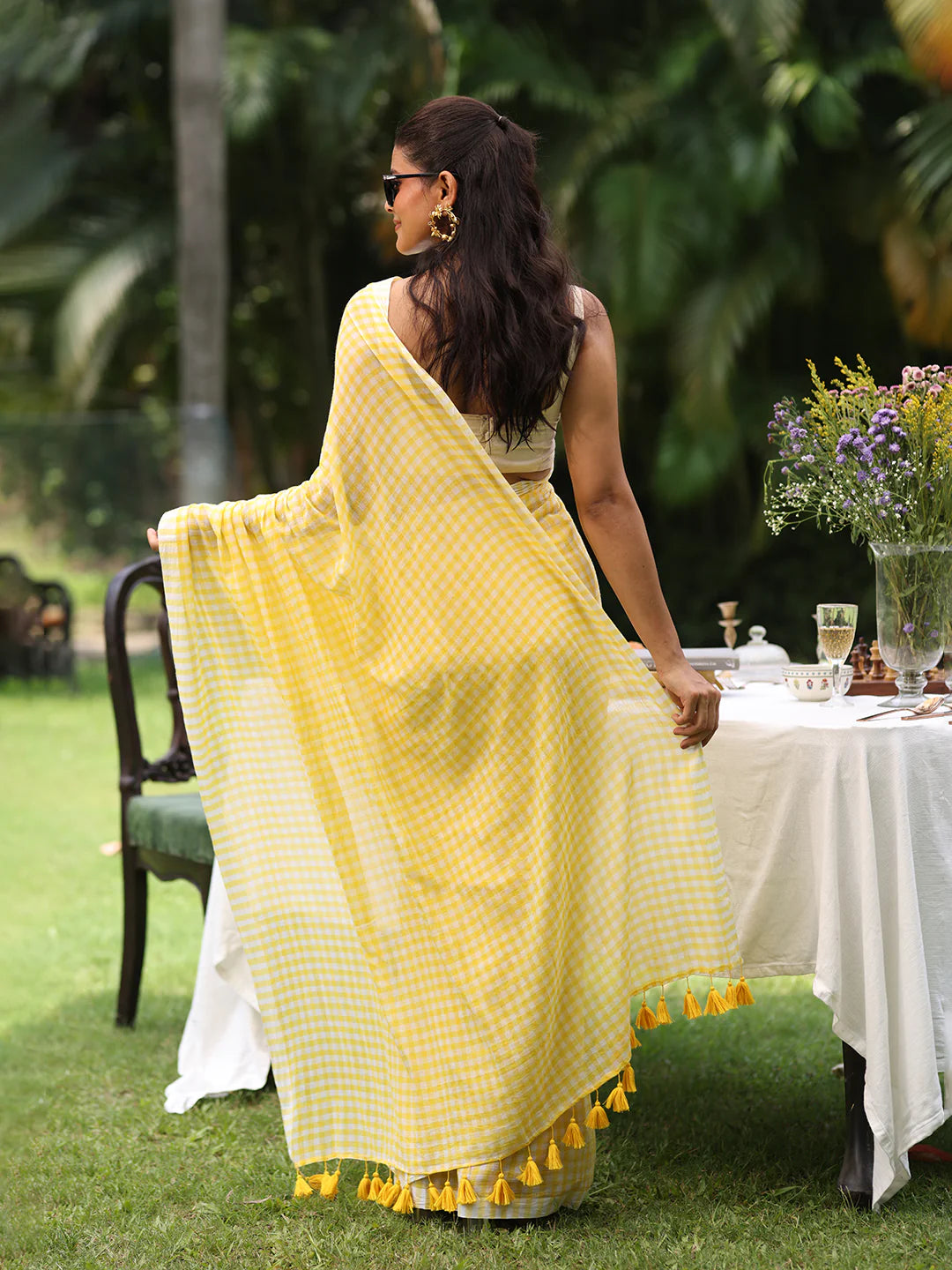 Sky Blue Gingham Mul Cotton Checks Saree