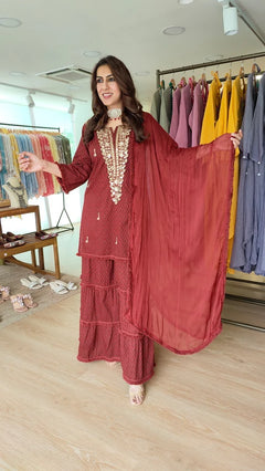 Ethnic Embroidered Maroon Long Yoke Sharara Set