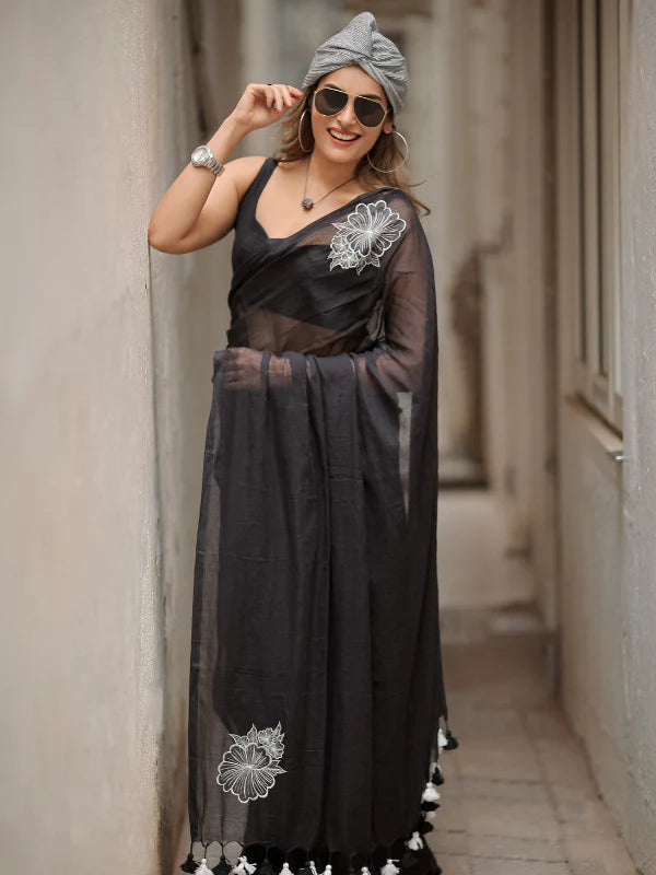 Embroidery Mul Mul Cotton black Saree