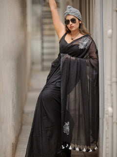 Embroidery Mul Mul Cotton black Saree