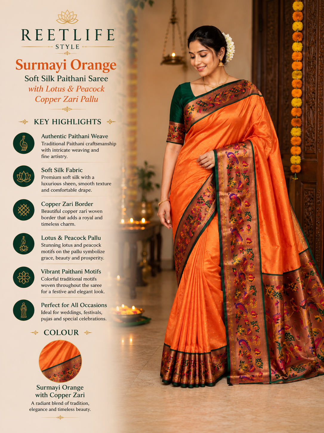 Surmayi Orange Soft Silk Paithani Saree with Lotus & Peacock Copper Zari Pallu