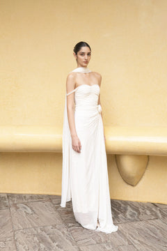 Ivory Pearl Cascade Off-Shoulder Gown