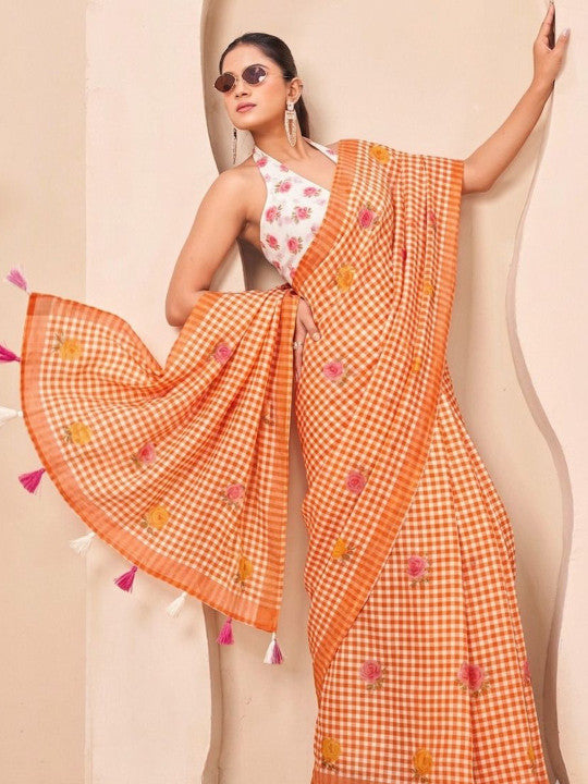 Silk Floral Checked Woven Design Border Saree