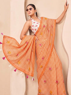 Silk Floral Checked Woven Design Border Saree