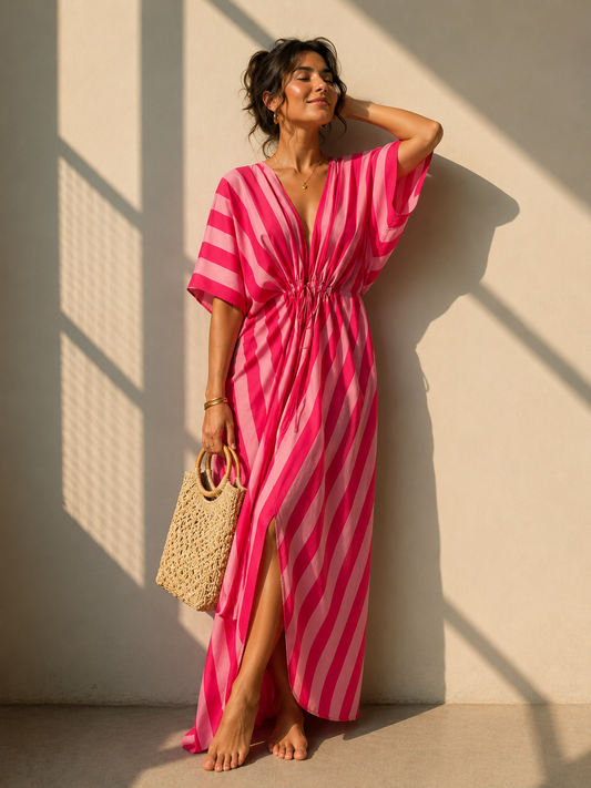 Sunset Pink Striped Long Kaftan Dress