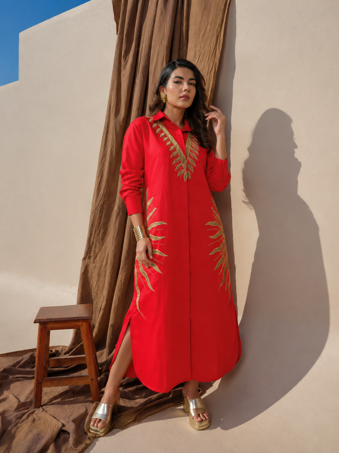 Black Cotton Shirt Dress with Luxe Gold Leaf Embroidery