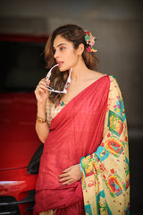 Red Mul Cotton Handcrafted Saree