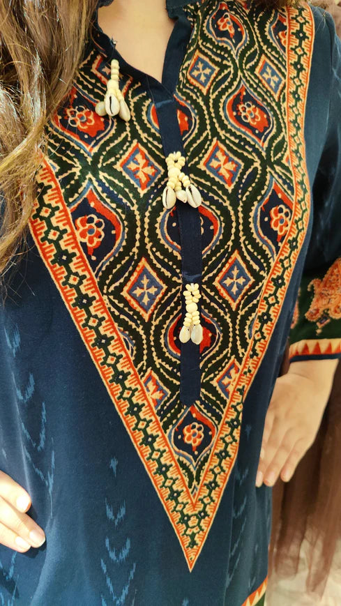 Red Ethnic V-Neck Co-ord Set with Paisley Border Detailing