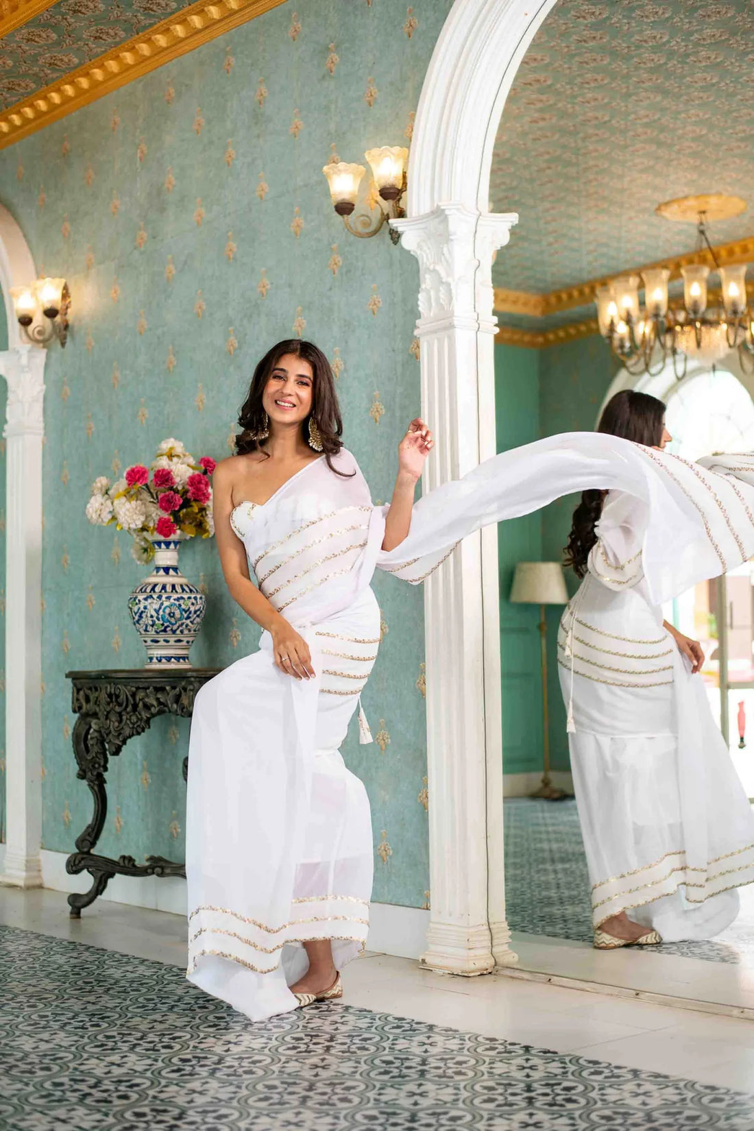 White Sequin Skirt Saree with blouse- By Reet Lifestyle