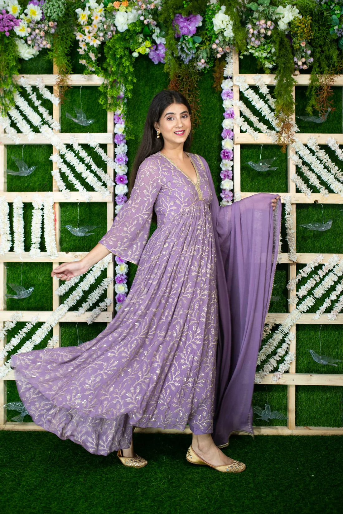 Violet Gold Thread Work Anarkali- By Reet Lifestyle