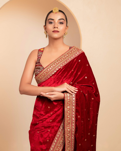 Maroon Velvet Berry Blockbuster Saree with Blouse