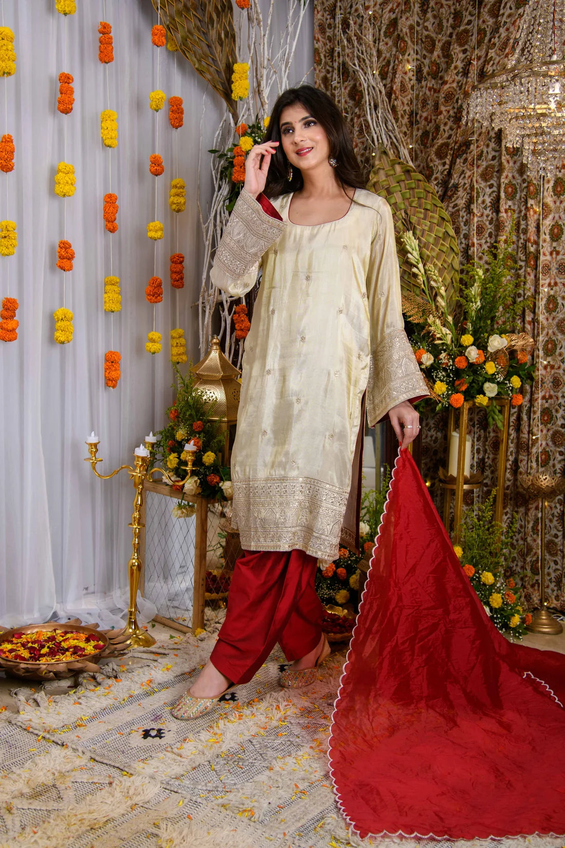Beige And Red Tissue Kurta Set- By Reet Lifestyle