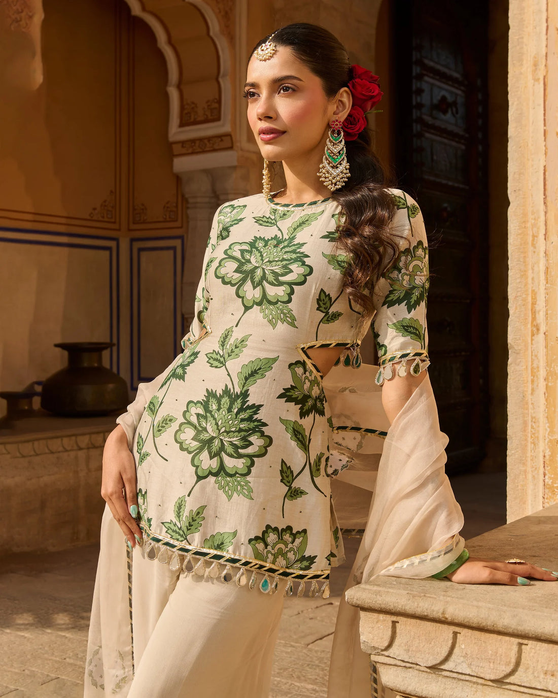 Opal Grey Printed Chanderi Suit Set- By Reet Lifestyle
