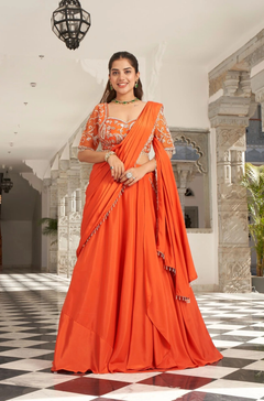Orange Silk Crepe Pre-Draped Sequin Saree with blouse