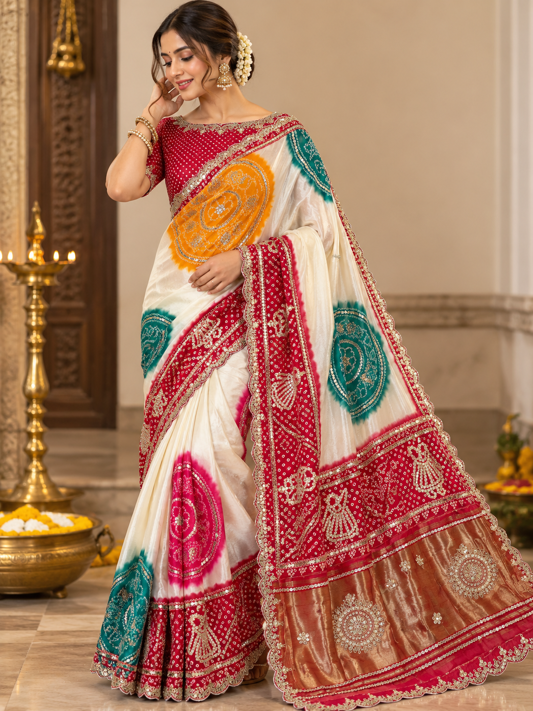 Pure Gaji Silk Multicolor Bandhani Saree with Gotapatti Handwork