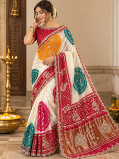 Pure Gaji Silk Multicolor Bandhani Saree with Gotapatti Handwork