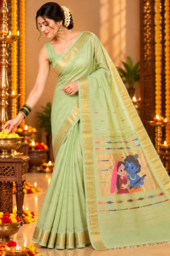 Mint Green Pure Cotton Paithani Saree with Traditional Radha Krishna Pallu & Golden Zari Border